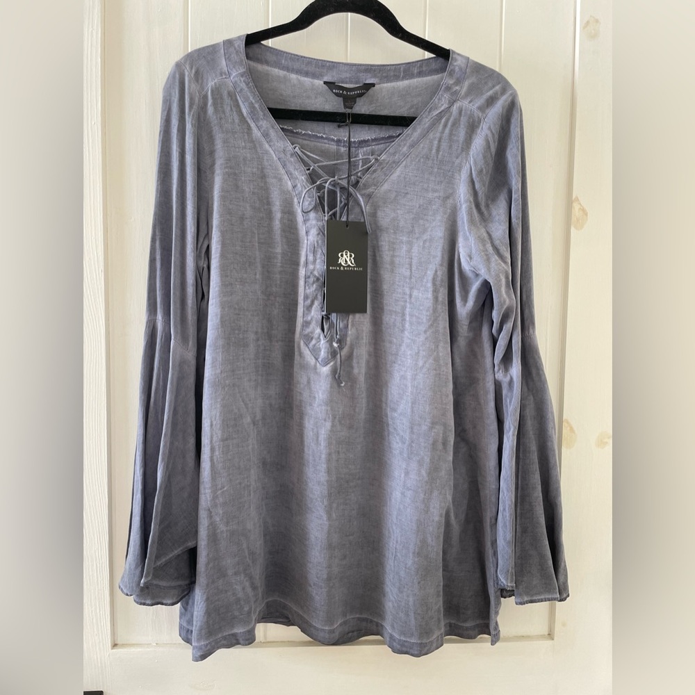 New Women’s Rock &Republic Blue Long Sleeve Tunic Top Blouse  L  Boho Relaxed